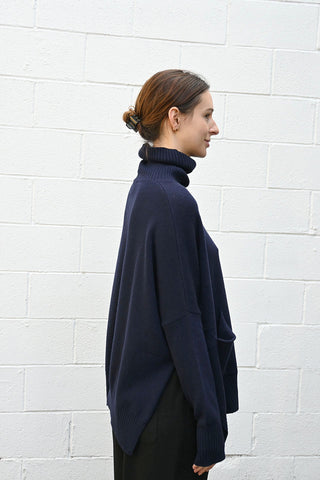 Wide High Neck Pullover Navy