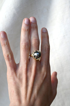 Tahitian Black Pear and Diamond Ring