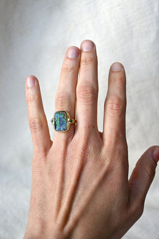 Galactic Boulder Opal and Emerald Ring